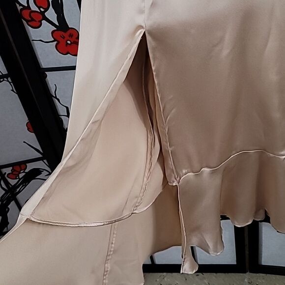 Show Me Your Mumu "Claire" champagne gold satin midi dress with bottom ruffle, l - Picture 7 of 12